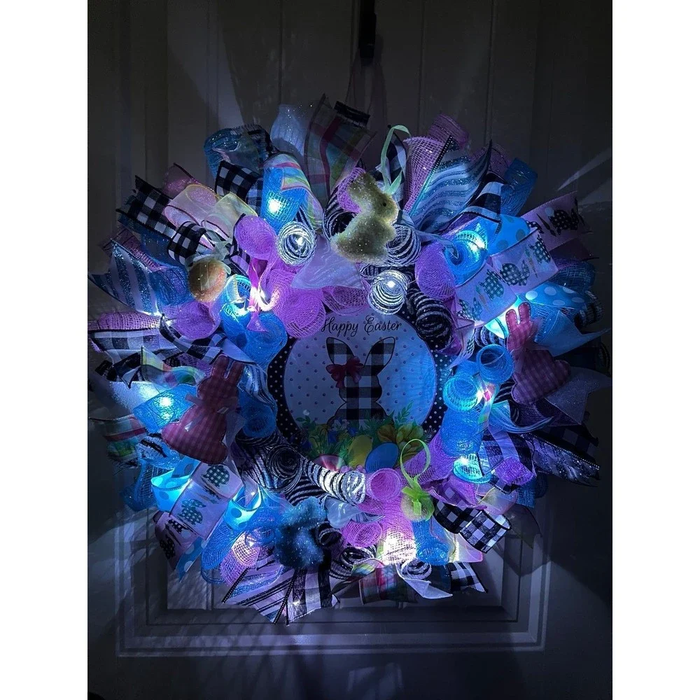 Handmade Spring Happy Easter Bunny Prelit Ribbon Wreath 22 in LED W17